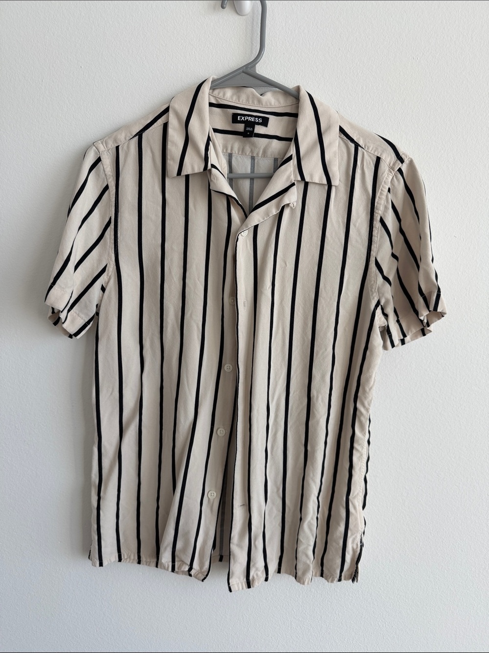 Express Beige and Black Vertical Stripe Short Sleeve Shirt